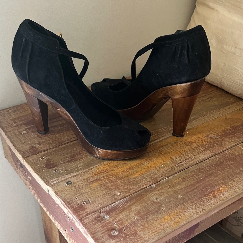 Loeffler Randall Black Suede Heels with Brown Wooden Platform
